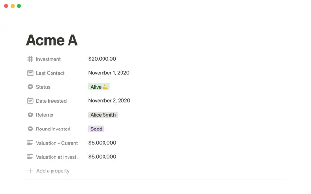 Angel investment tracker screenshot 2