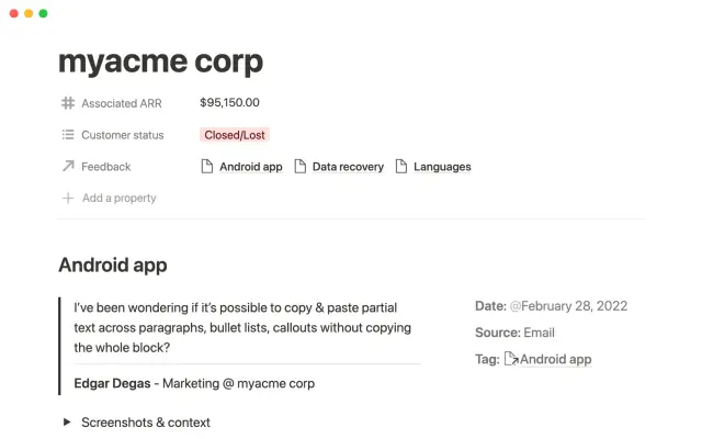 Notion's sales feedback tracking screenshot 2